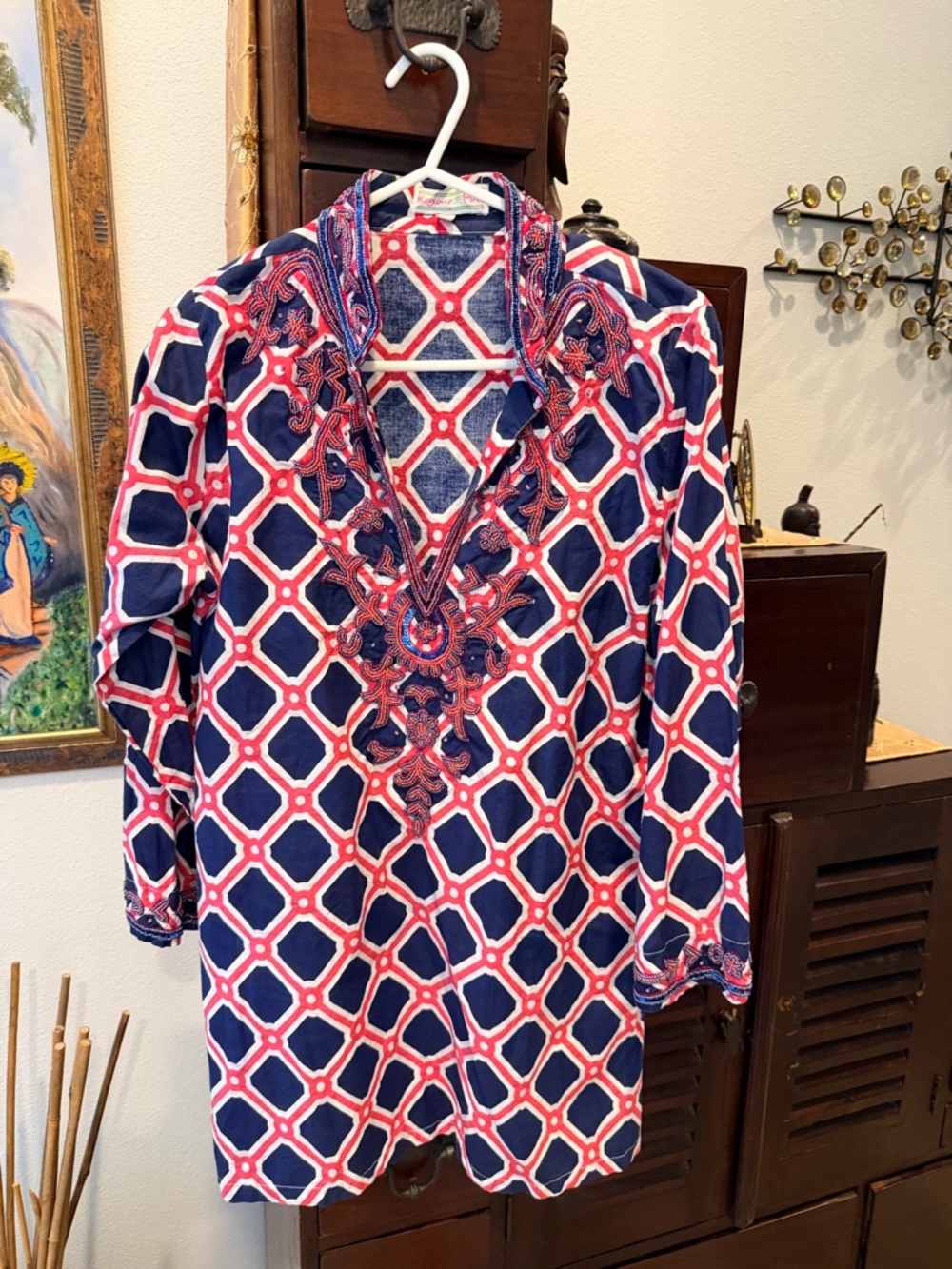 Keylime & Pink Tunic Embroidered Navy & Pink Geometric Tunic